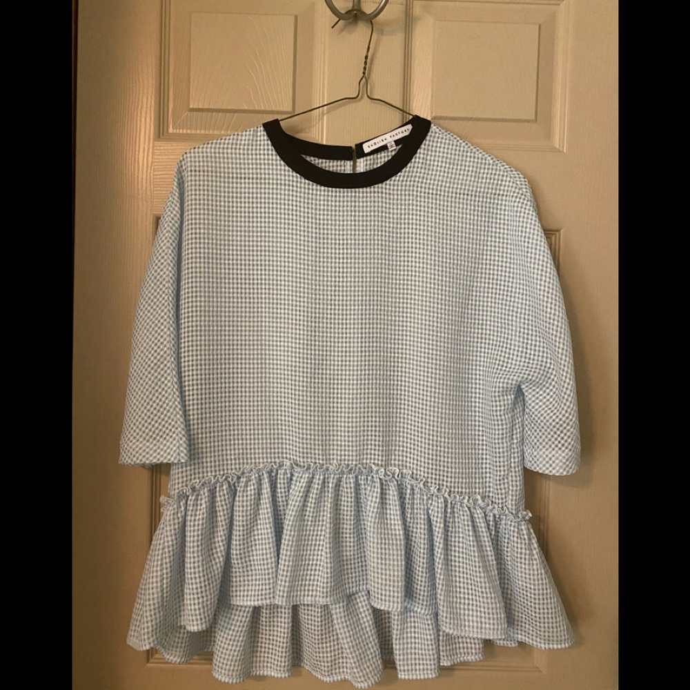 Blue and white dolman sleeve top